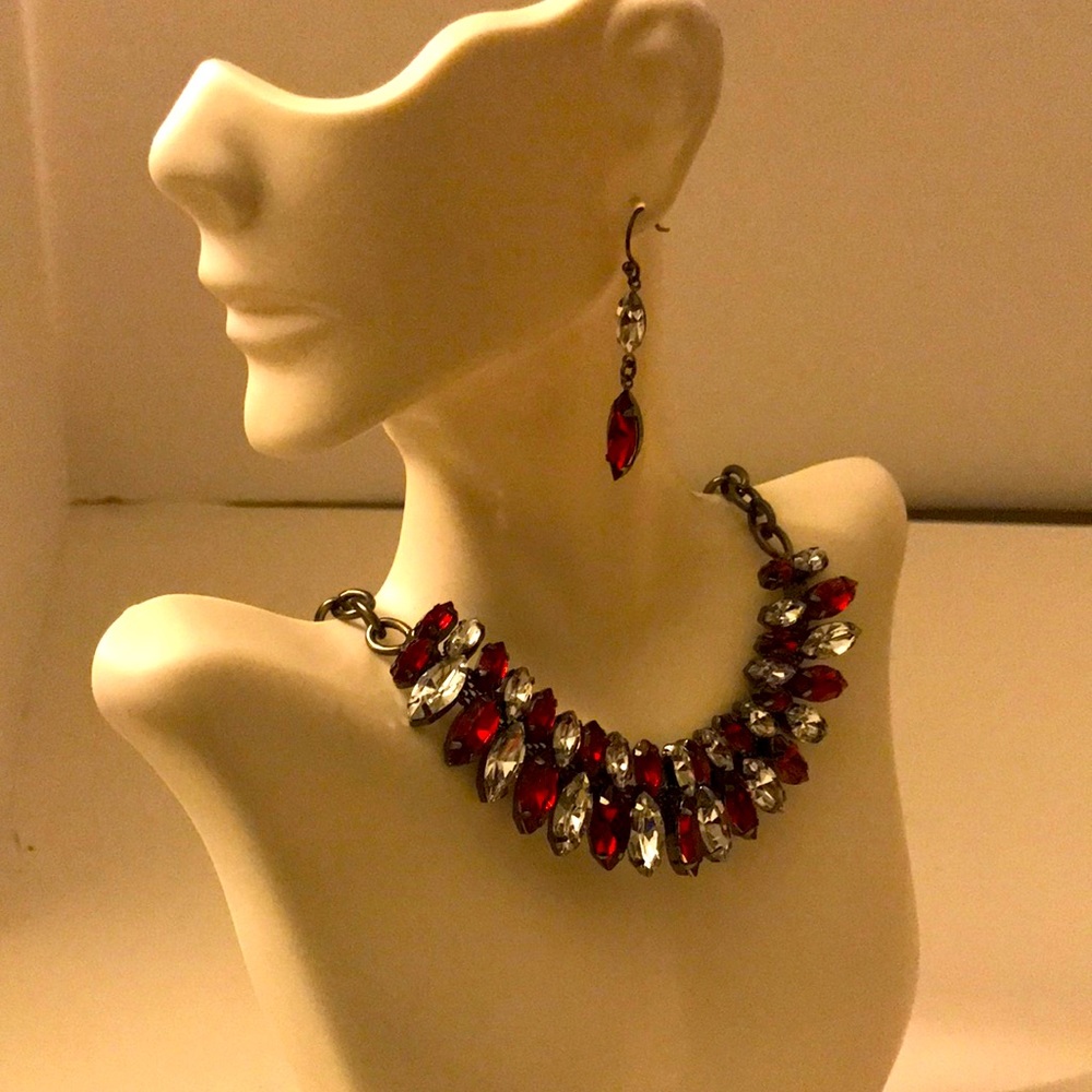 Necklace earring red rhinestone gunmetal set gothic romance gala